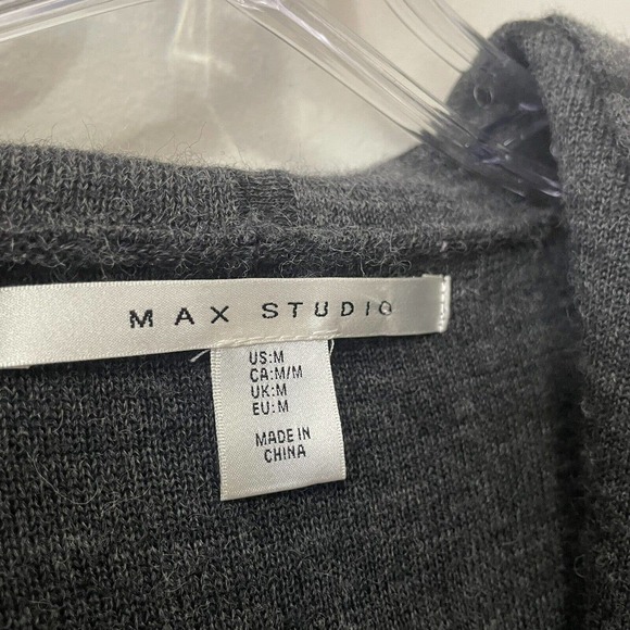 Max Studio Hooded Cardigan Sweater Women's Medium Black Grey Striped Merino Wool - Picture 3 of 5